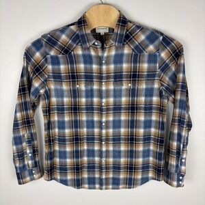 Lucky Brand Mens Blue Brown Plaid Western Snap Front Long Sleeve Shirt Size L